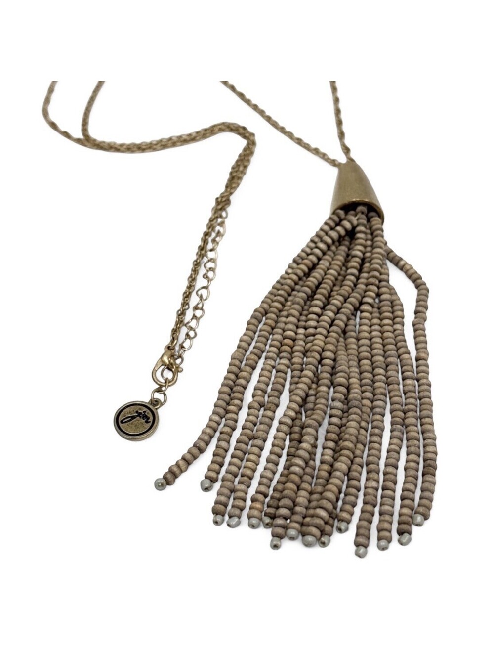 $150 Boho JM John Medeiros Lariat Necklace Wooden Tassel 44” Length Gold Accents
